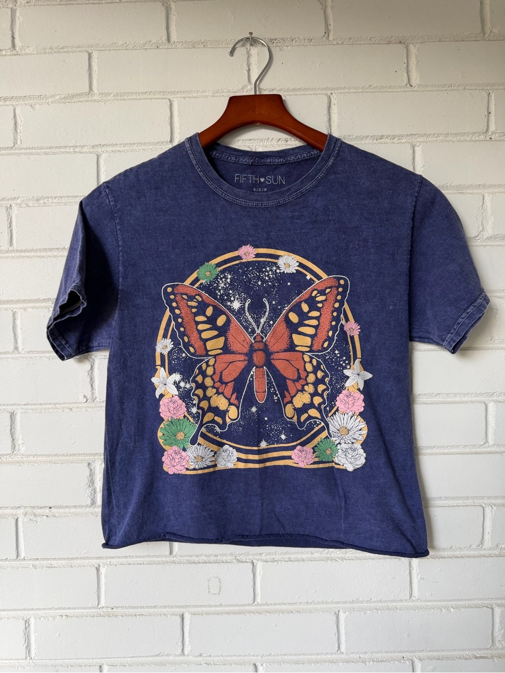Fifth Sun Navy Tee with Orange Butterfly and Floral Accents